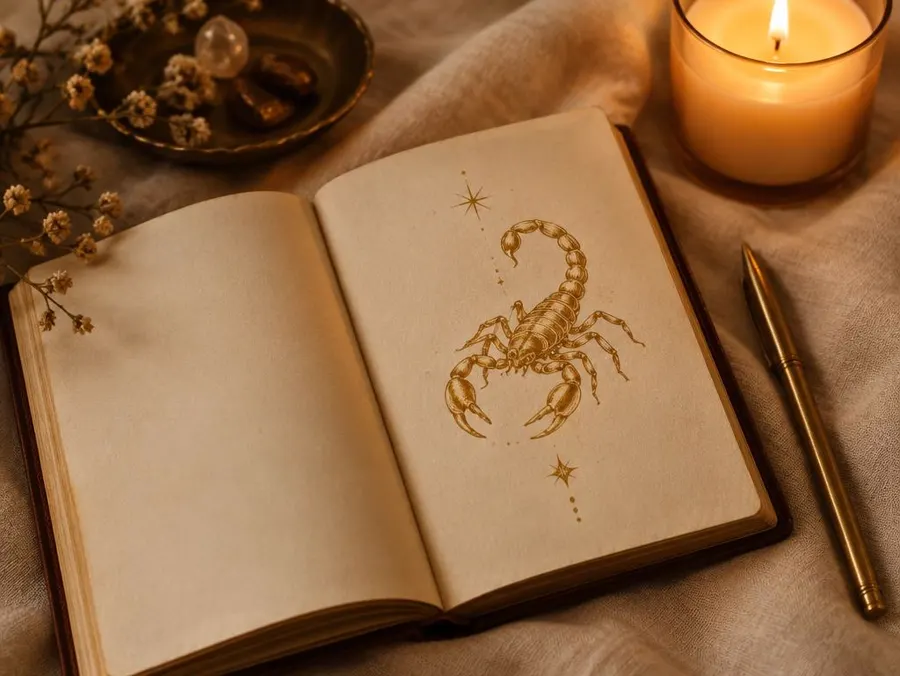 Libro abierto con escorpión dorado